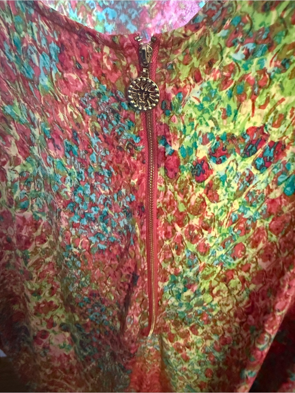 Anne Klein Multicolor Floral Zip-Front Women's Top (Pink, Green, Blue) - Picture 3 of 4